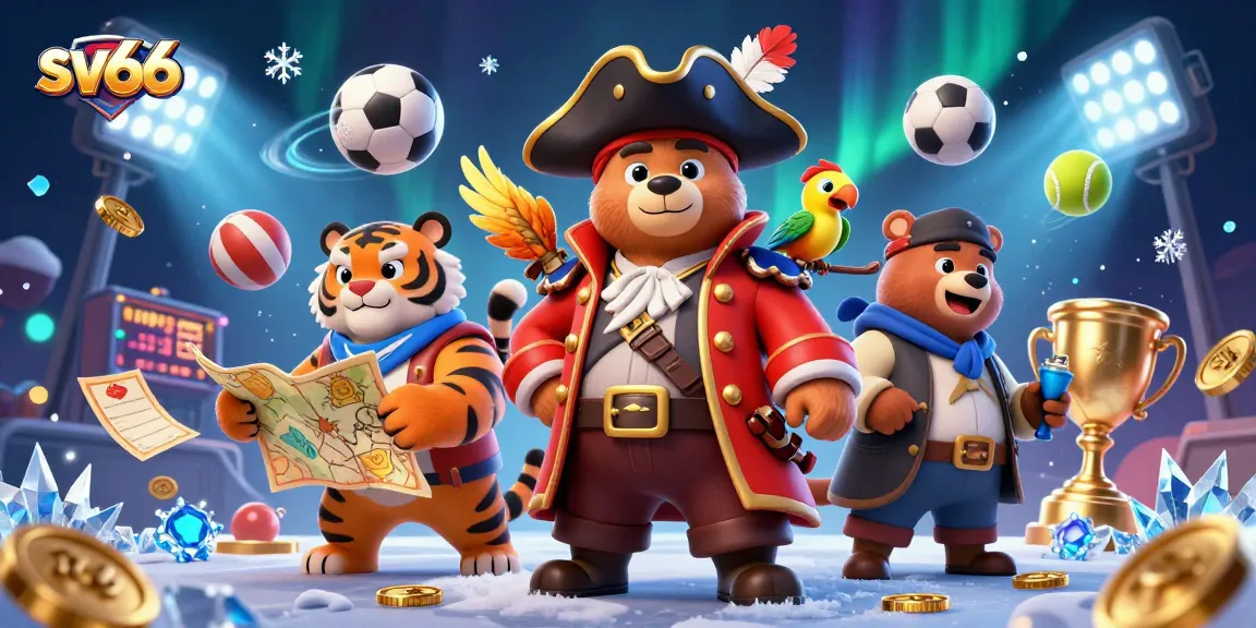 Bet on sv66 with dynamic sports action illustrated by a pirate bear, fierce tiger, and golden parrot