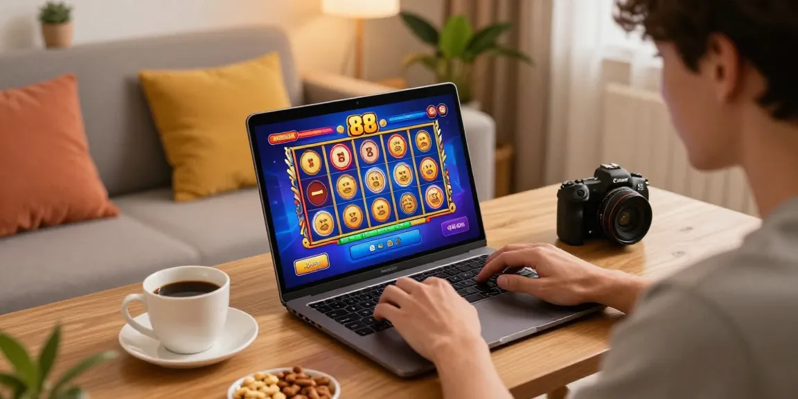 Pria muda menikmati permainan slot88 online di laptop dengan suasana santai dan nyaman.