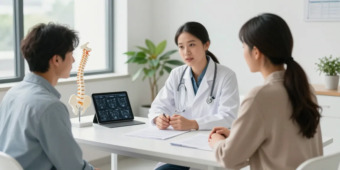 Discussing bel fıtığı ameliyatı options with a doctor during a consultation in a modern clinic.