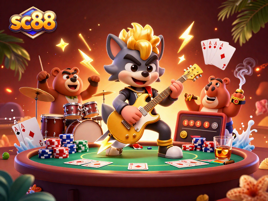 Watch the sc88 wolf rockstar shred on a golden guitar amid a vibrant casino scene!