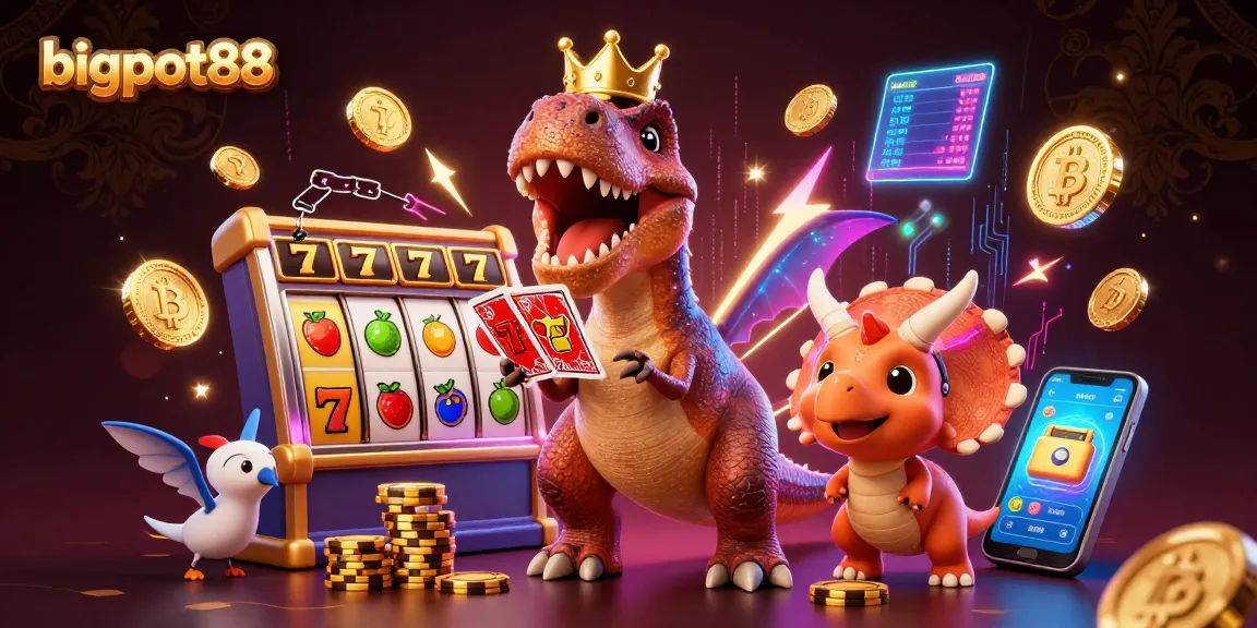 bigpot88 menciptakan suasana kasino dengan T-Rex dan Pterosaurus bermain kartu dan chip emas.