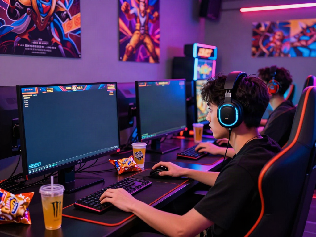 Gamer immersed in PG SLOT gameplay with snacks and LED lighting.