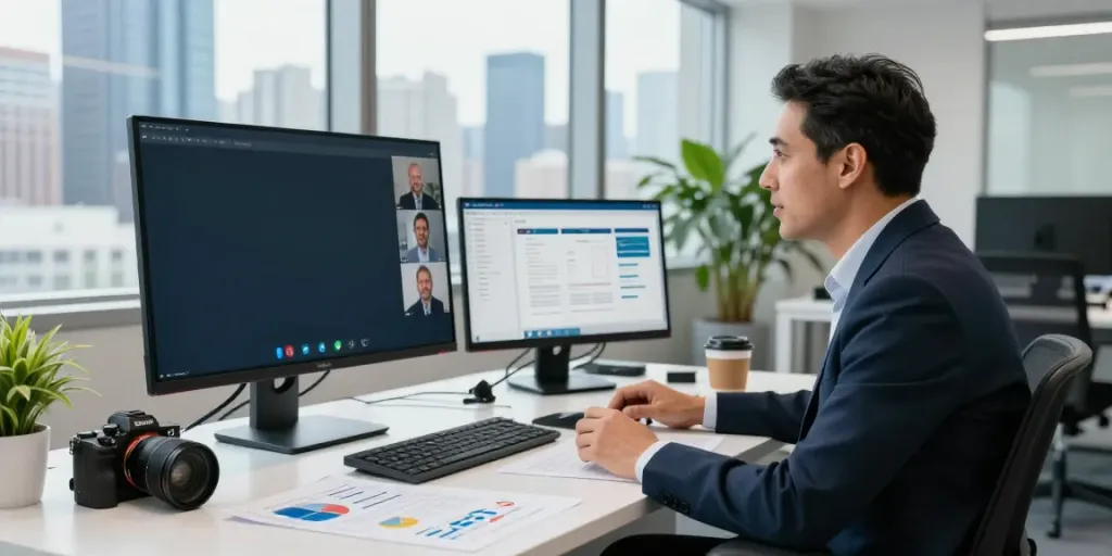 Michael Rustom Consultant in a modern technology office discussing strategies with clients on a video call, showcasing a dynamic consulting environment.