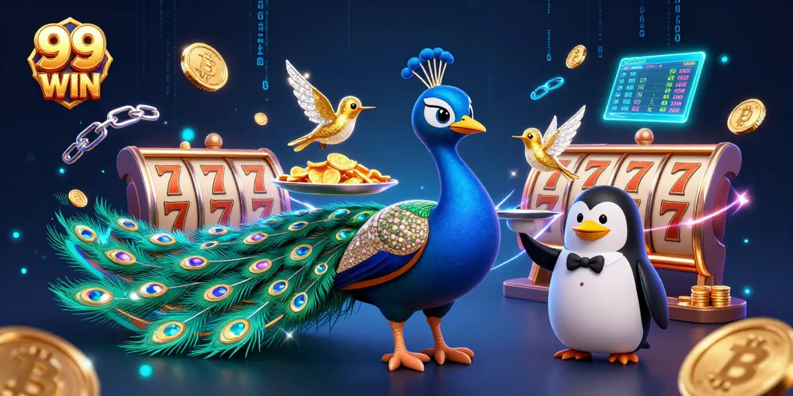 Experience a thrilling 99 WIN casino atmosphere, featuring a peacock and penguin amidst vibrant slot reels.