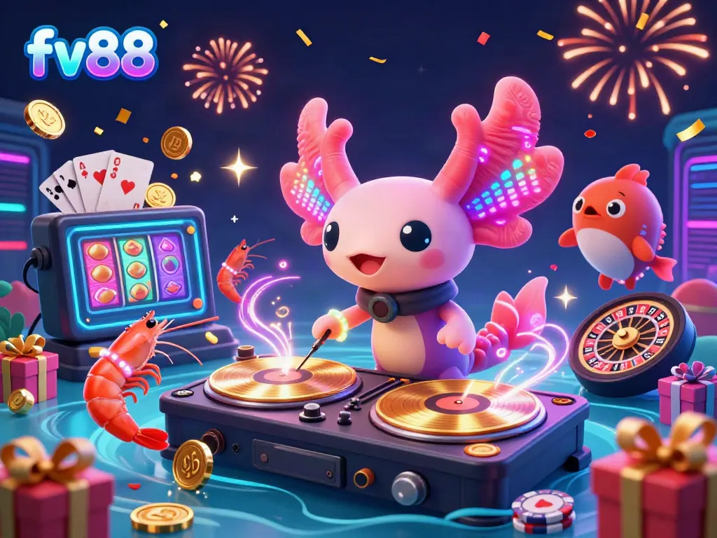 Experience the excitement at fv88 with neon characters celebrating around vibrant casino elements.
