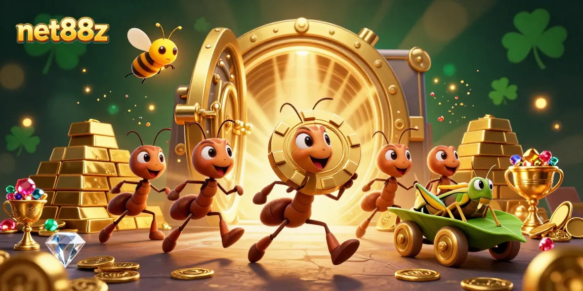 Ants heist with golden poker chip at net88z, featuring jewels and treasure vault.