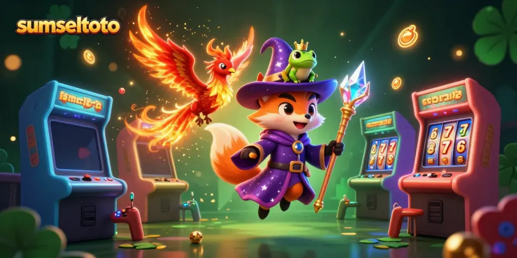 Experience the excitement of sumseltoto with a wizard fox and phoenix in a vibrant casino scene