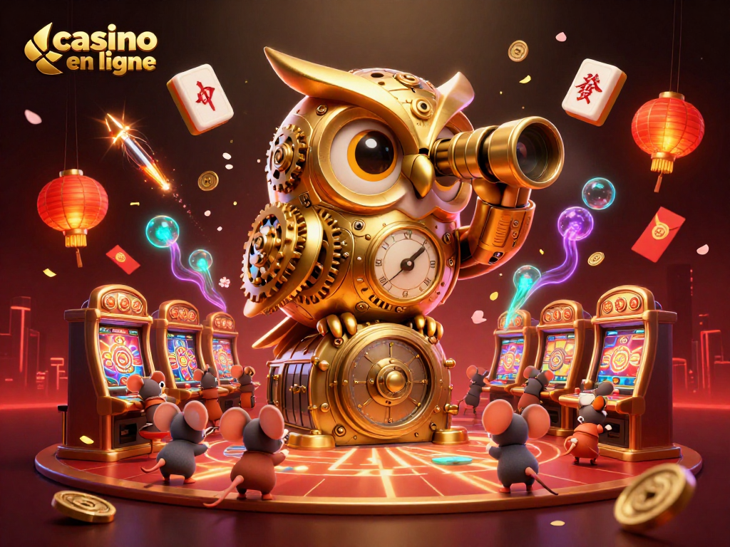 Plongez dans l'univers du casino en ligne avec cette illustration captivante de hibou doré et souris jouant entre les machines à sous.