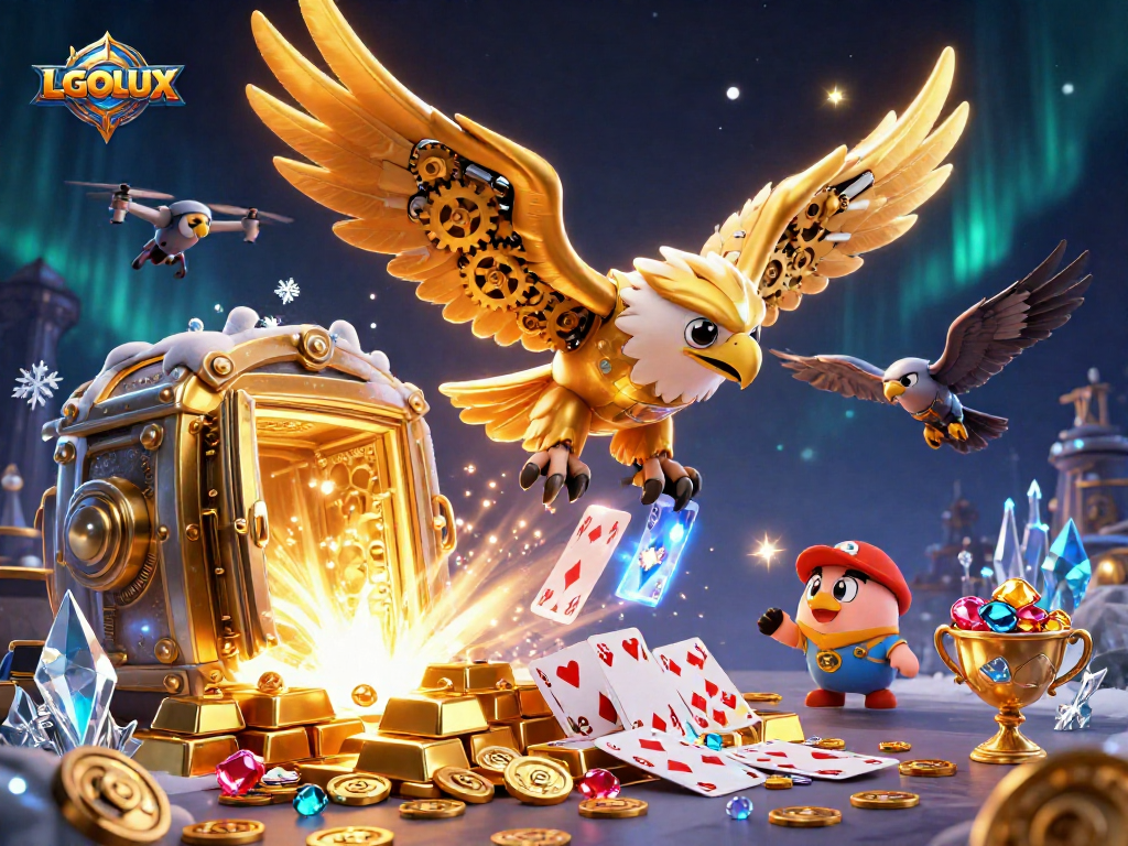 Experience high-stakes gaming with LGOLUX as cybernetic eagles dive amidst treasures and playing cards.