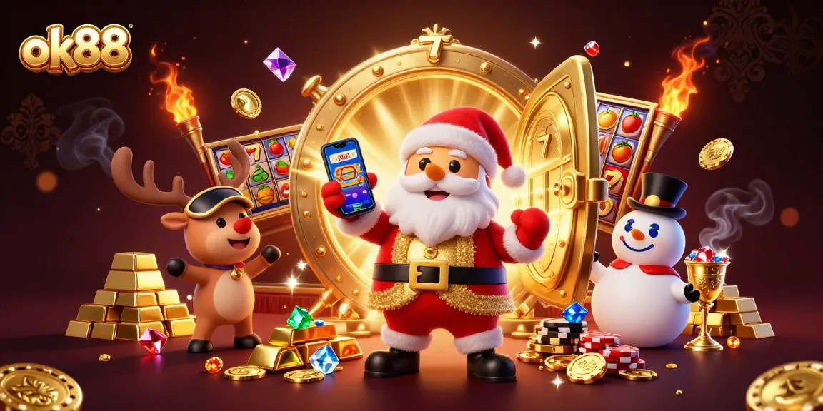 Experience thrilling jackpots at ok88 with a lively casino scene featuring Santa, a reindeer dealer, and a poker chip snowman.