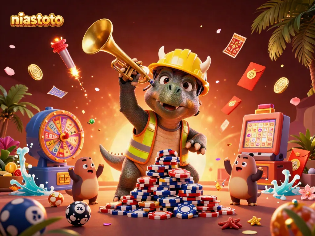 Engage with niastoto's vibrant lottery scene featuring cartoon dinosaur characters celebrating with bouncing lottery balls and confetti.