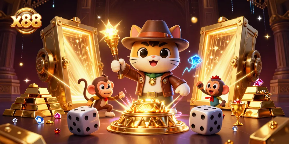 x88 illustration of a cat archaeologist uncovering a golden casino artifact in a rich temple setting.