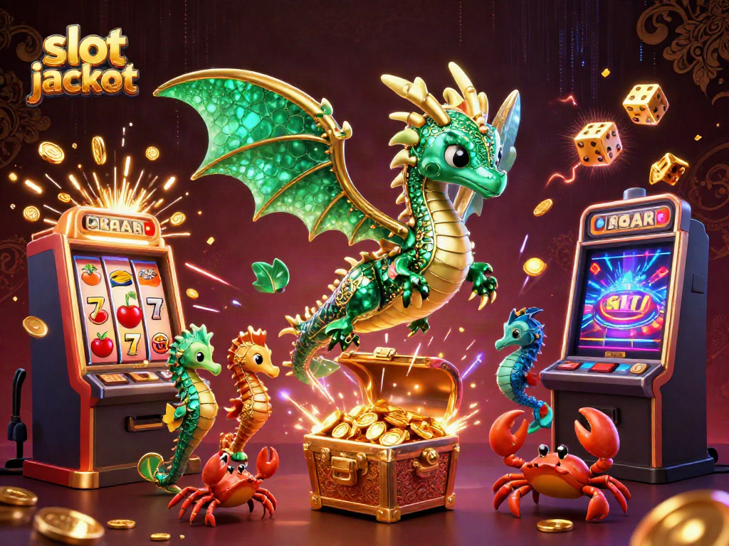Putaran slot jackpot yang meriah dengan naga laut 3D dan peti harta karun penuh koin emas.