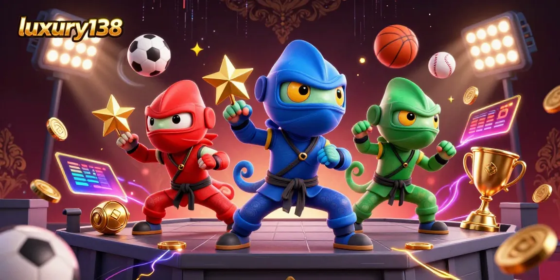 Experience the excitement of luxury138 with a vibrant illustration of ninja chameleons capturing the thrill of sports betting.