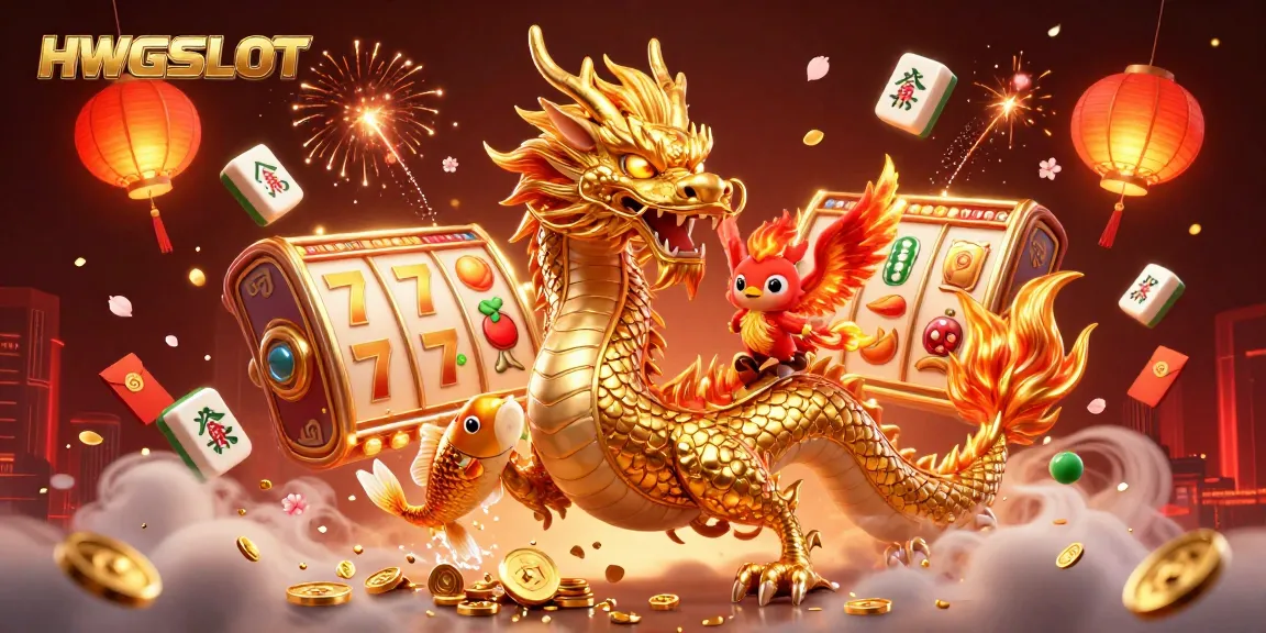 HWGSLOT showcases a vibrant casino scene with golden dragon, phoenix, and koi fish amidst spinning slots.