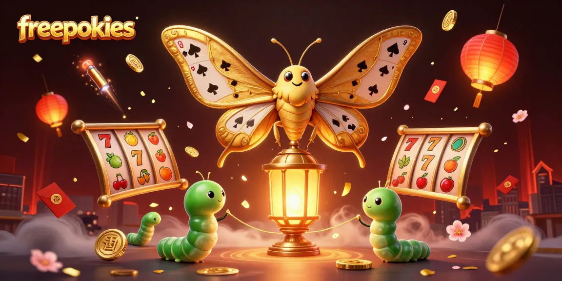 Engage with freepokies as colorful slot reels, golden coins, and playful moths create a vibrant scene.