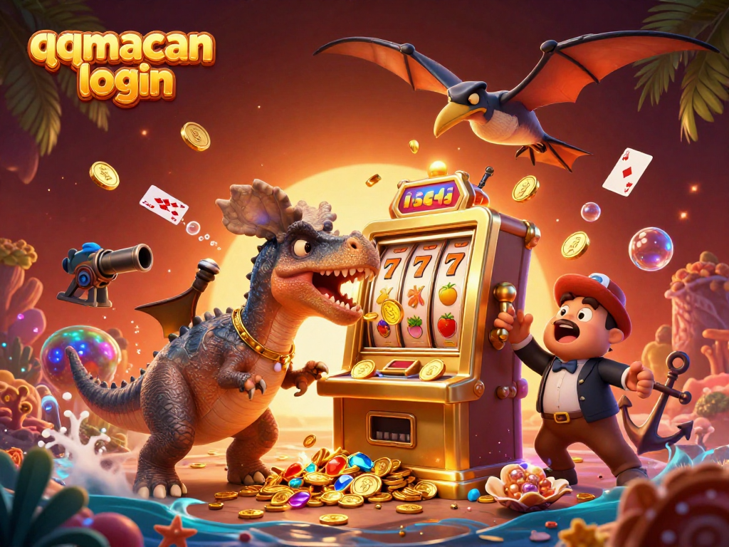 Experience excitement with qqmacan login, showcasing a pachycephalosaurus winning coins at a slot machine.