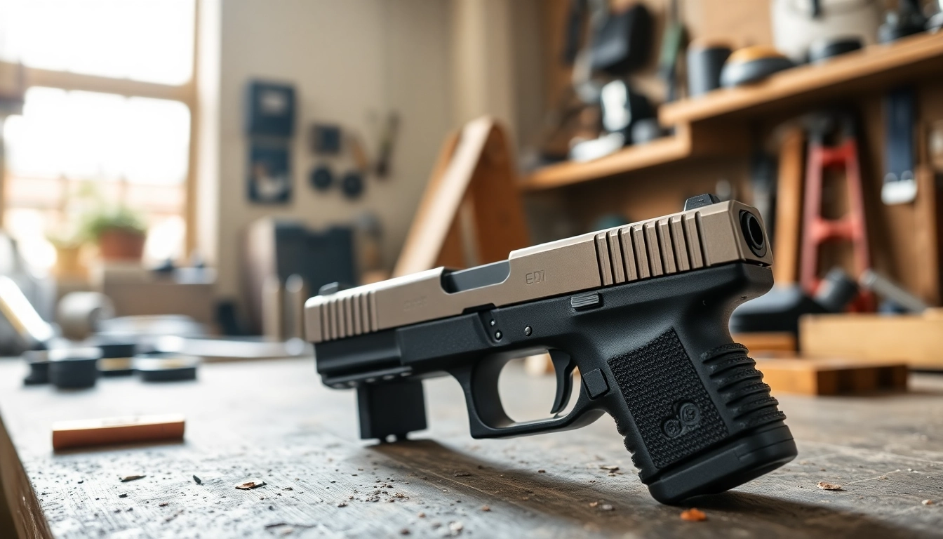 Buy the glock 17 slide for sale showcasing its sleek and polished design in a detailed workshop setting.