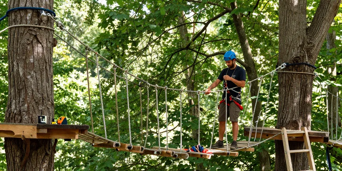 Rope Bridge design construction with a craftsman threading ropes between trees in a lush environment.