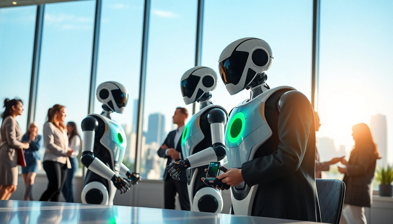 Engaging Ai Bots in a collaborative urban office setting, showcasing advanced technology in action.