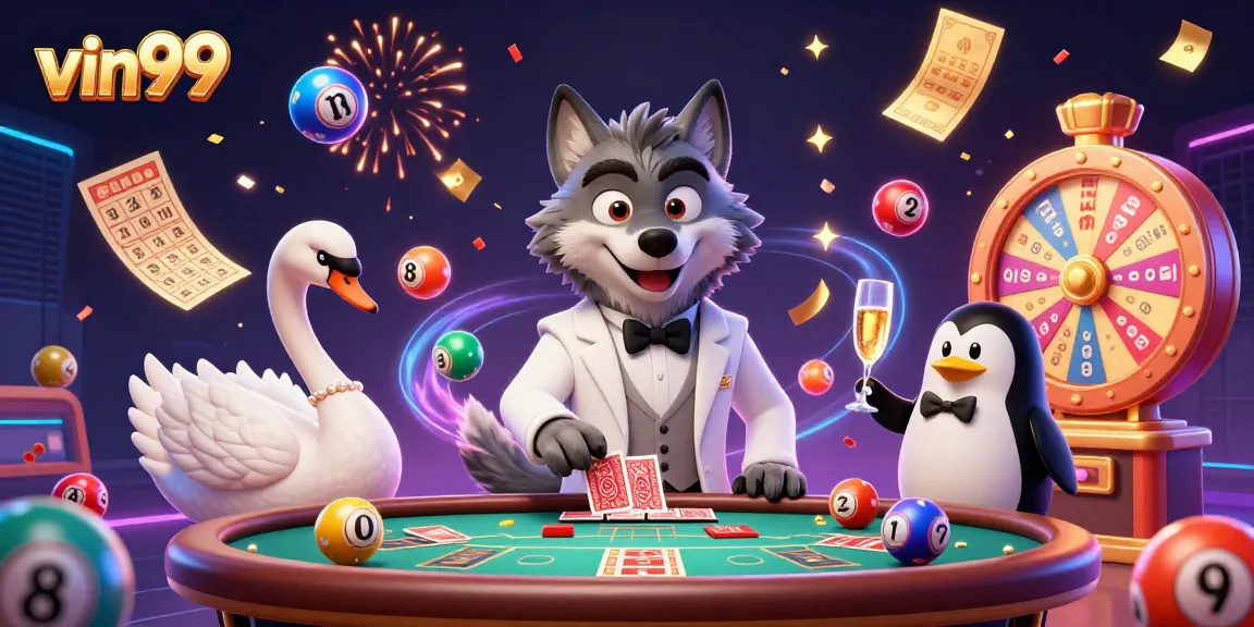 Engage with vin99's vibrant lottery scene featuring an elegant wolf, swan, and penguin.