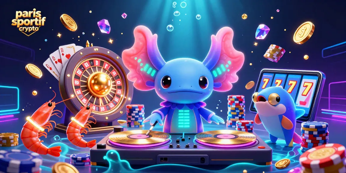 Parez avec le meilleur des paris sportifs crypto dans une scène animée avec un mystérieux DJ axolotl et des personnages aquatiques.