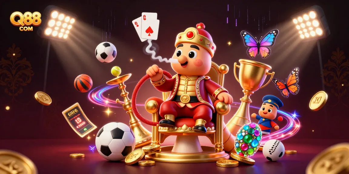 Engage with QQ88 COM's vibrant casino scene featuring animated characters and dynamic sports elements.