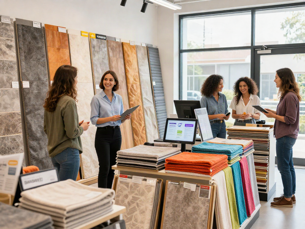 Shopsmart retail showroom featuring high-quality flooring and personalized towels.