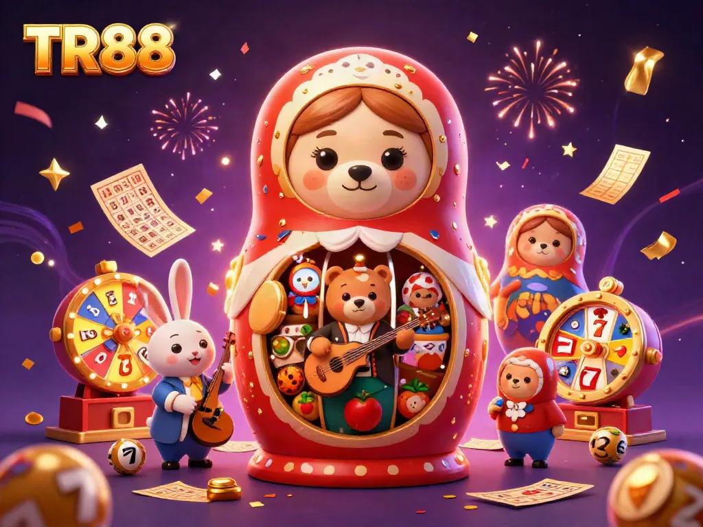 Engage with TR88's exciting dynamic casino scene filled with colorful slots, bears, and festive elements.