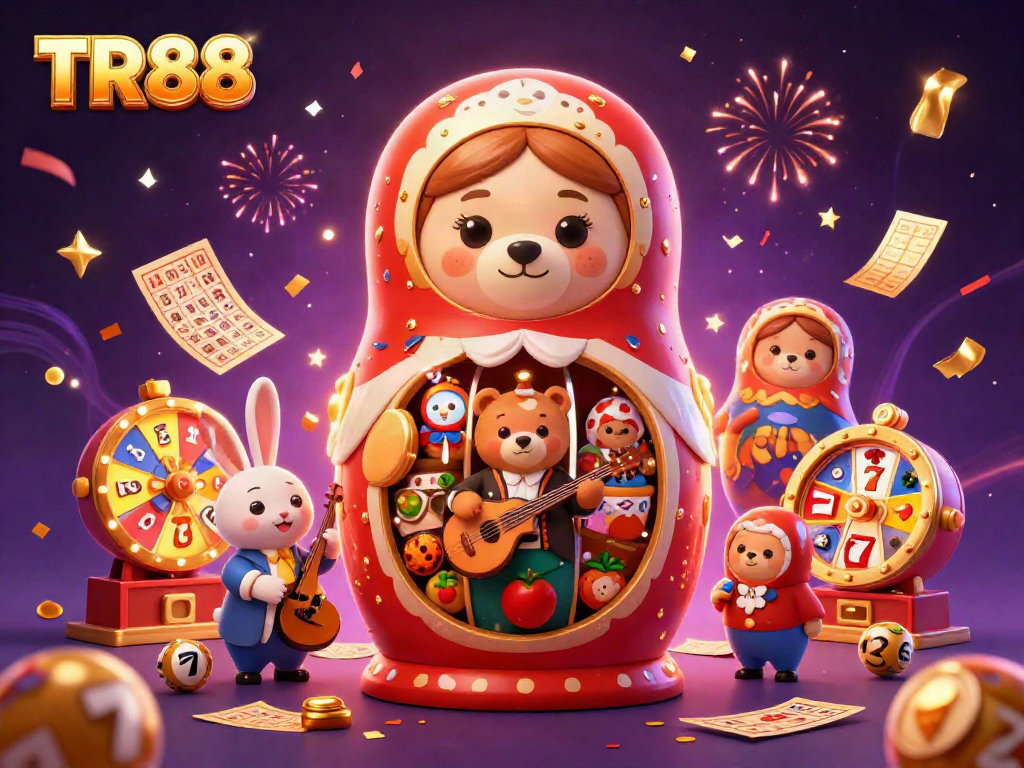 Engage with TR88's exciting dynamic casino scene filled with colorful slots, bears, and festive elements.