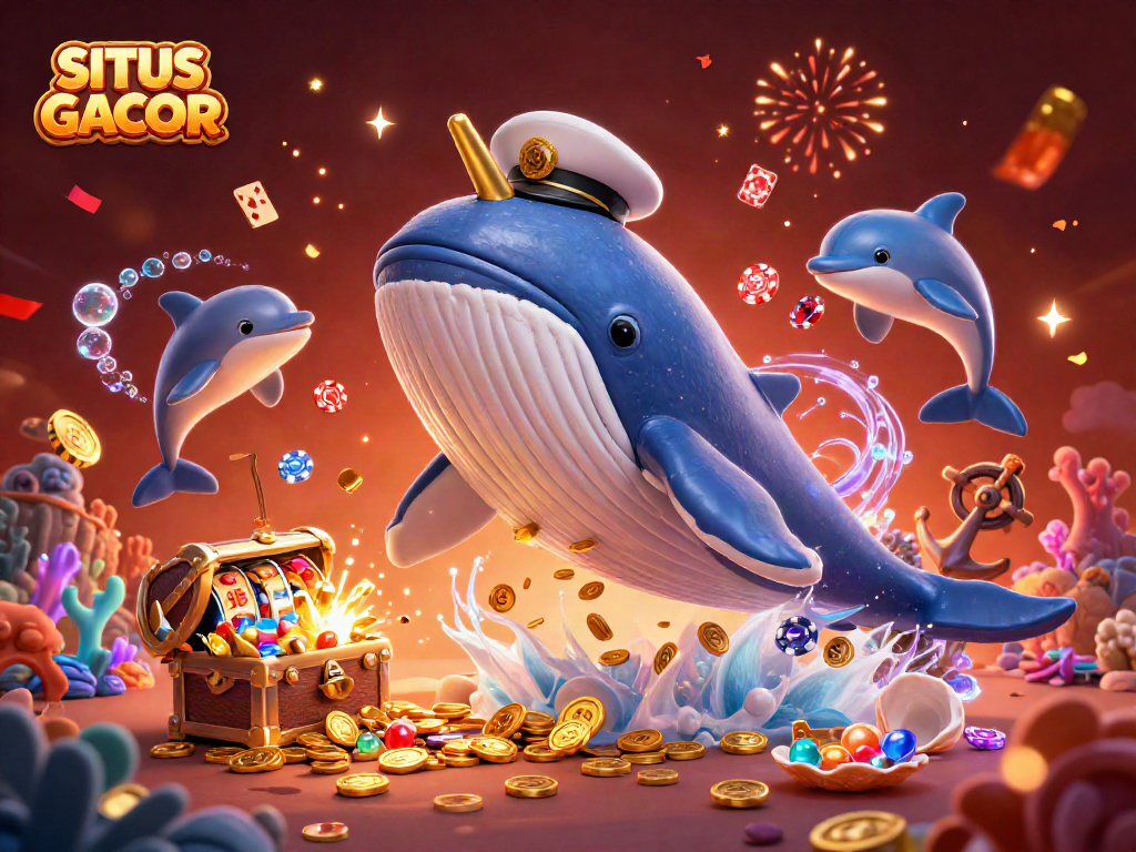 SITUS GACOR in a vibrant scene with a whale, dolphins, and slot reels celebrating wins.