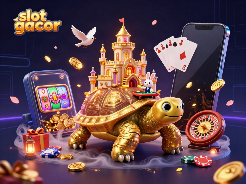Experience the excitement of slot gacor in this vibrant casino scene featuring a golden tortoise and fun game elements.