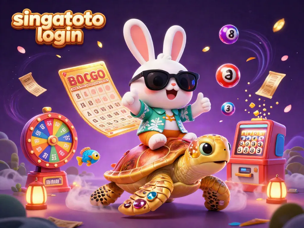 Engaging singatoto login scene featuring a lucky rabbit and golden turtle amid vibrant gambling elements.