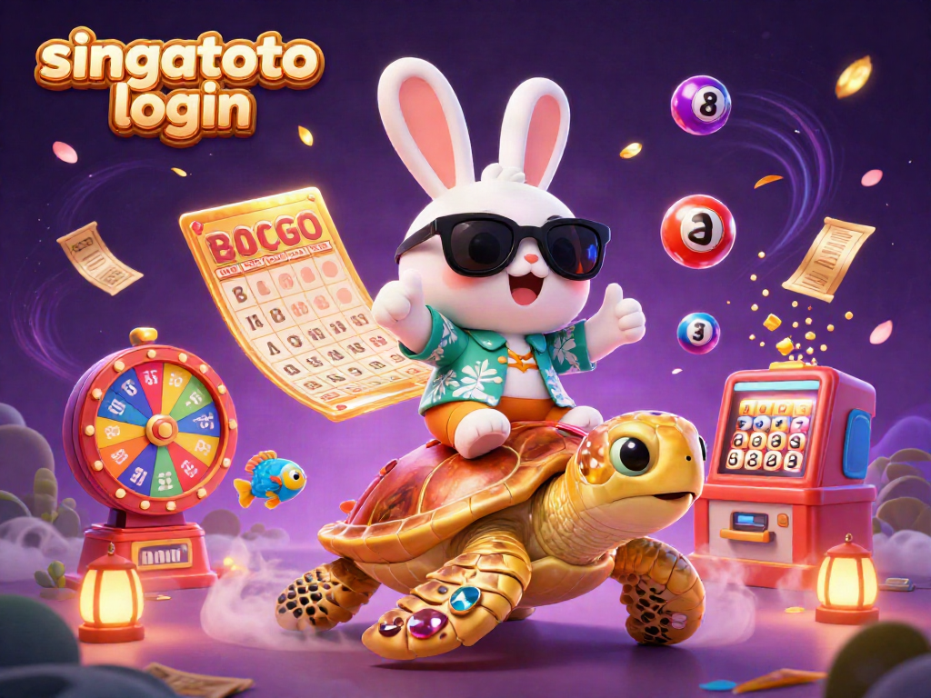 Engaging singatoto login scene featuring a lucky rabbit and golden turtle amid vibrant gambling elements.