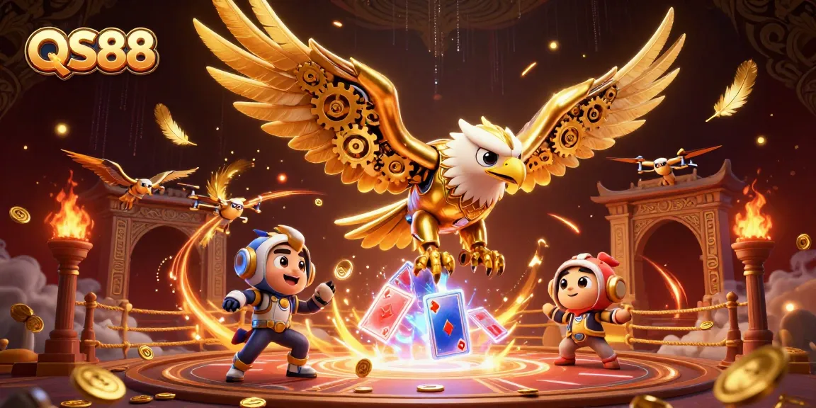 Claim your winnings with QS88's vibrant 3D gaming experience featuring a golden eagle amidst holographic cards.