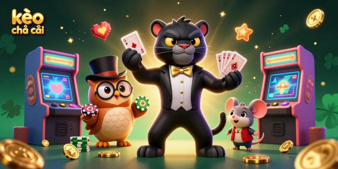 Exciting kèo nhà cái scene featuring a stylish panther, insightful owl, and lucky mouse in a vibrant casino atmosphere.