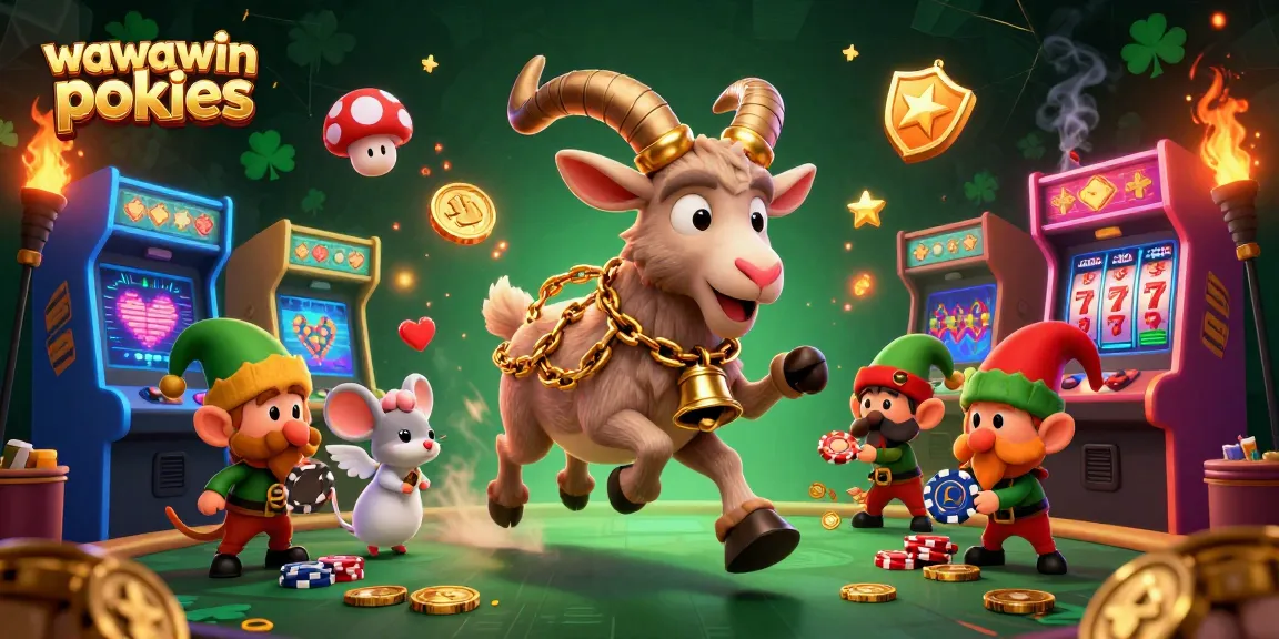 Experience stunning wawawin pokies with a 3D Krampus goat, angel mouse, and naughty elves in an energetic casino scene.