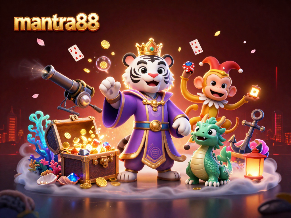 Experience the excitement of mantra88 with a vibrant 3D illustration showcasing casino fun and adventure.