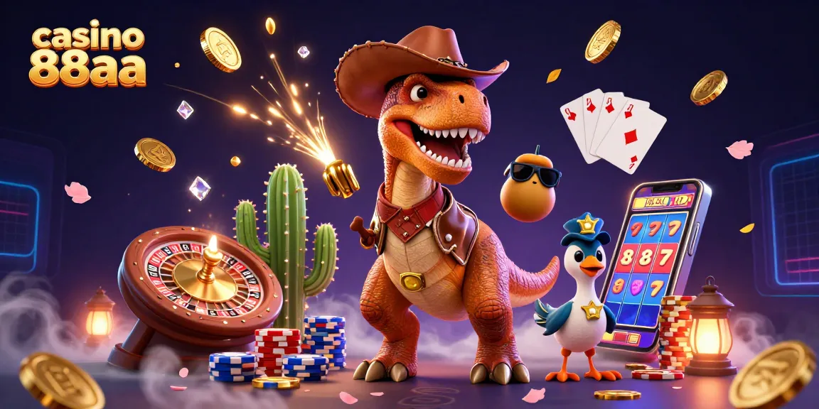 Experience thrilling gameplay at casino 88aa with a dynamic illustration of a T-Rex cowboy, poker chips, and roulette elements.