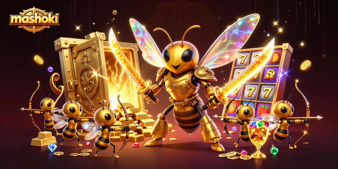 Engage in slots excitement with mashoki's vibrant 3D illustration featuring golden hornet and jackpots.