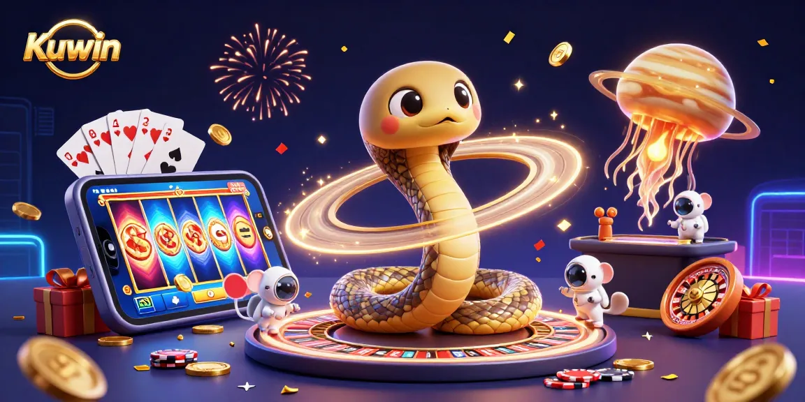 Kuwin casino scene with a Saturn ring snake and astronaut mice betting, illustrated in a 3D digital artwork setting.