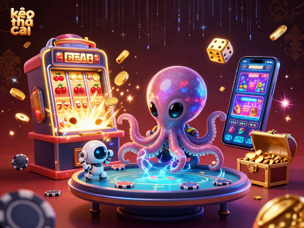 Engage in thrilling poker action with kèo nhà cái featuring an alien octopus, floating holographic table, and jackpot slot machine.