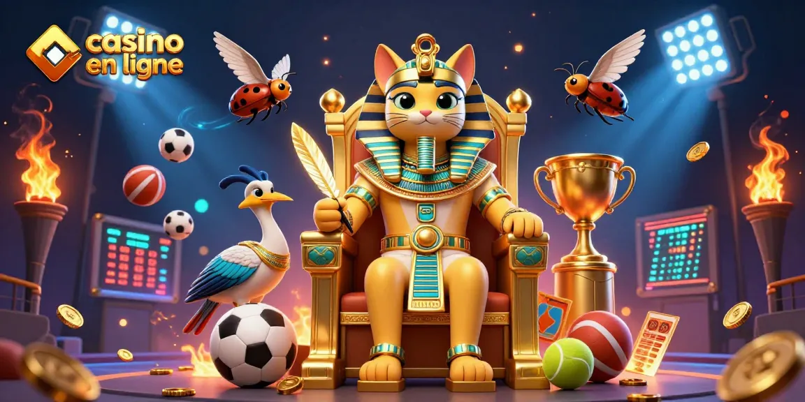 Expérimentez le casino en ligne avec un chat pharaon en or, entouré de ballons sportifs et de pièces d'or.