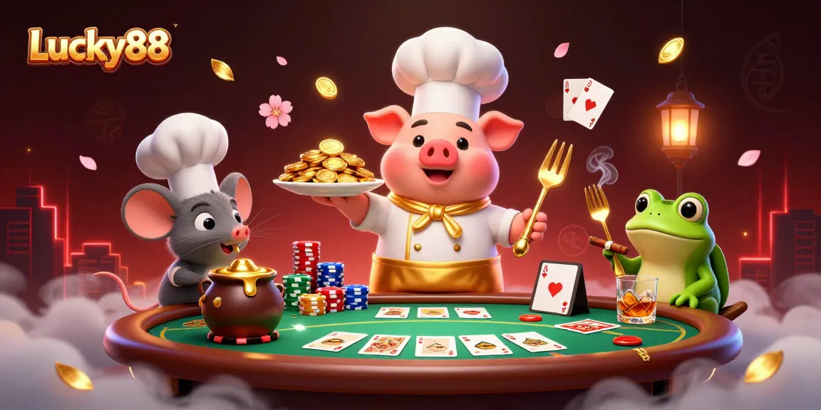 Experience the vibrant energy of Lucky88 with a lively casino scene featuring cheerful characters.