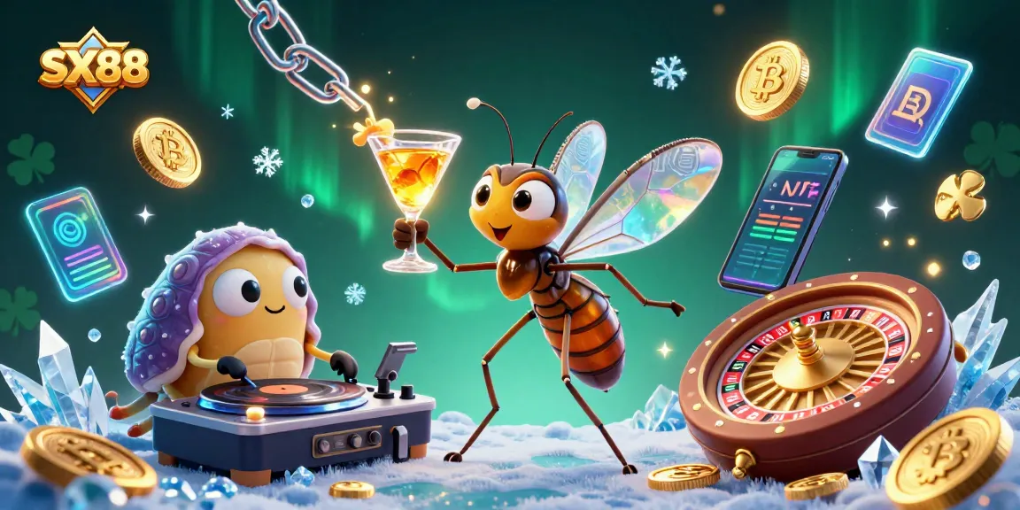 SX88 offers a dynamic casino scene featuring a frozen mosquito mascot and trilobite DJ, embodying a rich gambling atmosphere.