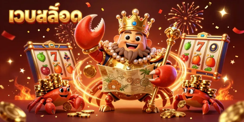 Engage in thrilling gameplay on เว็บสล็อต with a festive 3D scene of a golden crab emperor and slot reels.