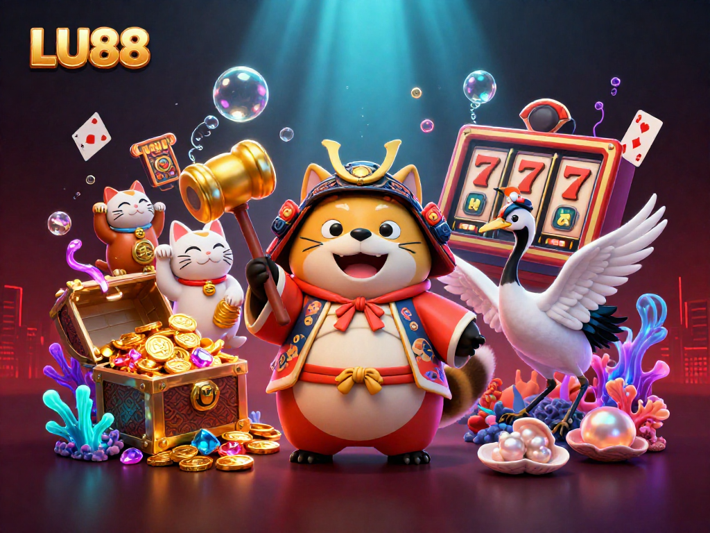 LU88 brings vibrant gaming excitement with cheerful tanuki and colorful maneki-neko in a lively casino scene.