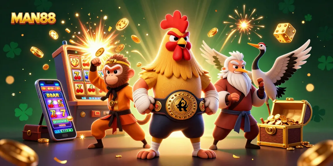 Join the excitement at MAN88 with a vibrant casino scene featuring thrilling games and characters.