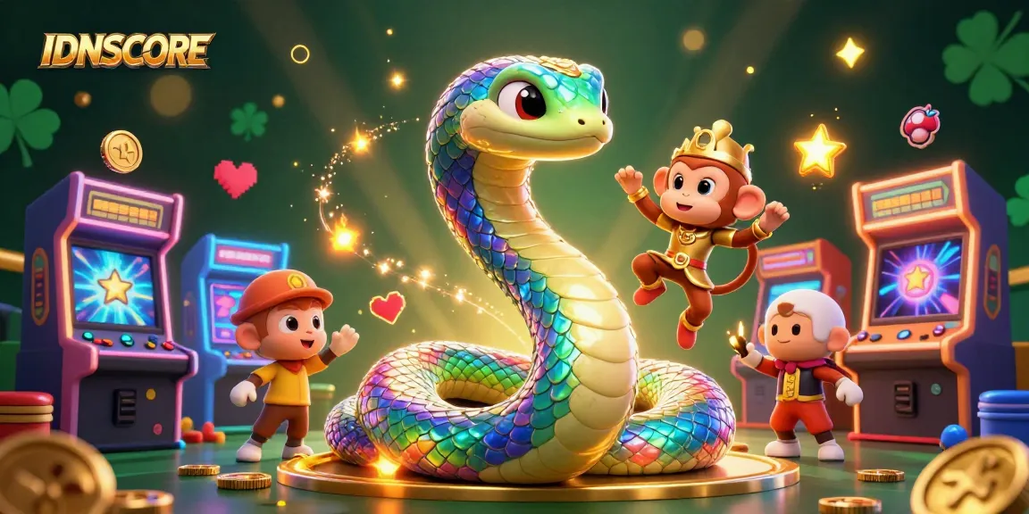 Experience IDNSCORE's vibrant online gaming world with a spirited monkey king and rainbow serpent.