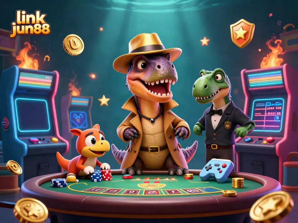 Experience the thrill of link jun88 with a playful velociraptor at a blackjack table amid vibrant casino elements.